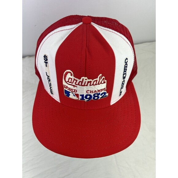 Vtg 1982 St. Louis Cardinals MLB World Champs Red Trucker Hat Lucky Stripes Sz L - Picture 2 of 7